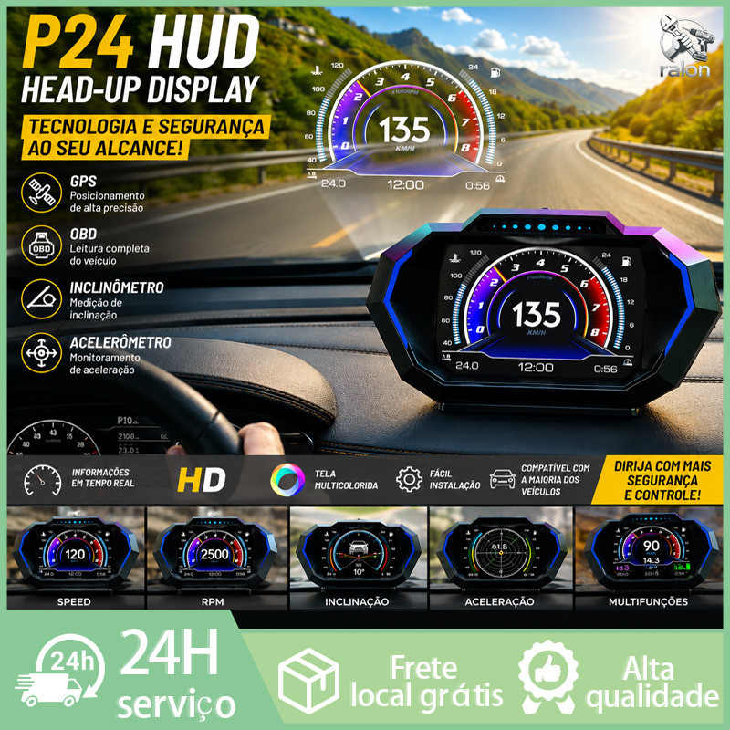 Computador de Bordo Digital P24 Display Hud OBD2 Automotivo HUD (Head-Up Display)+OBD+GPS+Inclinômetro+Acelerômetro