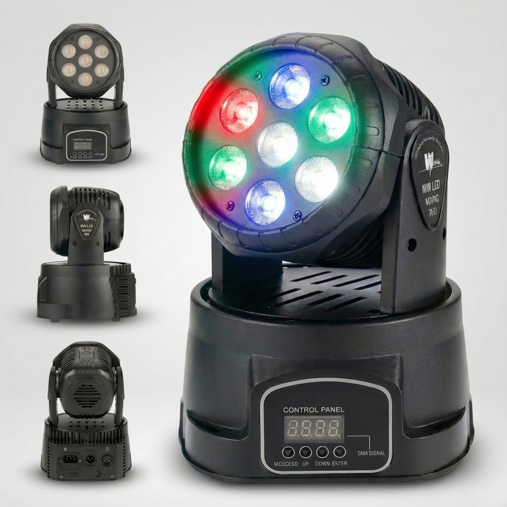 Kit 2 Canhão de Luz Moving Head Mini 7 LEDs 10W/LED RGBW 4em1 DMX Bivolt - Iluminação Profissional para DJ e Festas Show