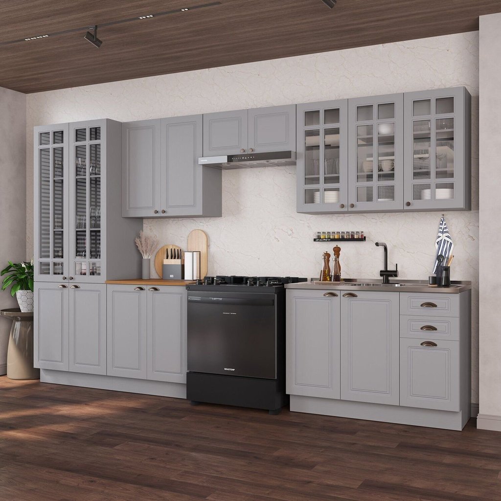 Cozinha Modulada 6 Peças 1 Cristaleira 2 Balcão sem Tampo 3 Aéreos 100% MDF com Vidro Rodapé Bari Cinza/Titânio