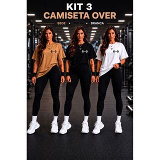 Kit 3 peças Camiseta Blusa Oversized Feminina 100% Algodão Streetwear Halter Academia Esp…