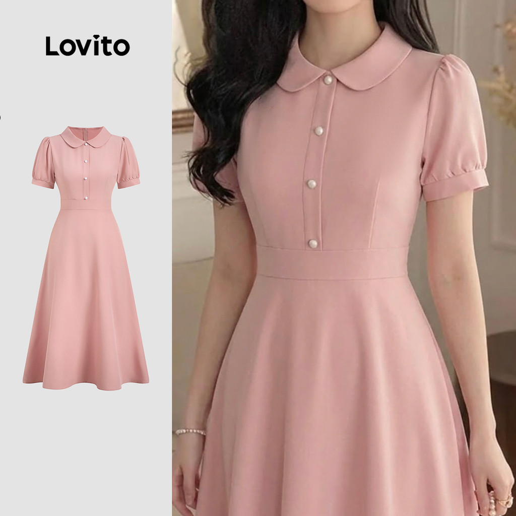 Lovito Vestido Elegante Botão Frontal Francês Estilo Preguiçoso Primavera/verão