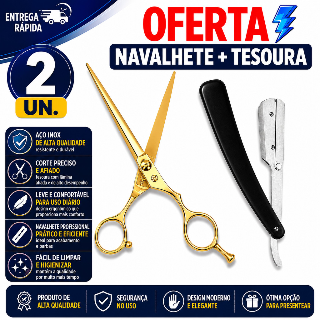 NAVALHA BARBEIRO PROFISSIONAL COM TESOURA 6'' CORTE SUAVE PRECISO BARBA CABELO