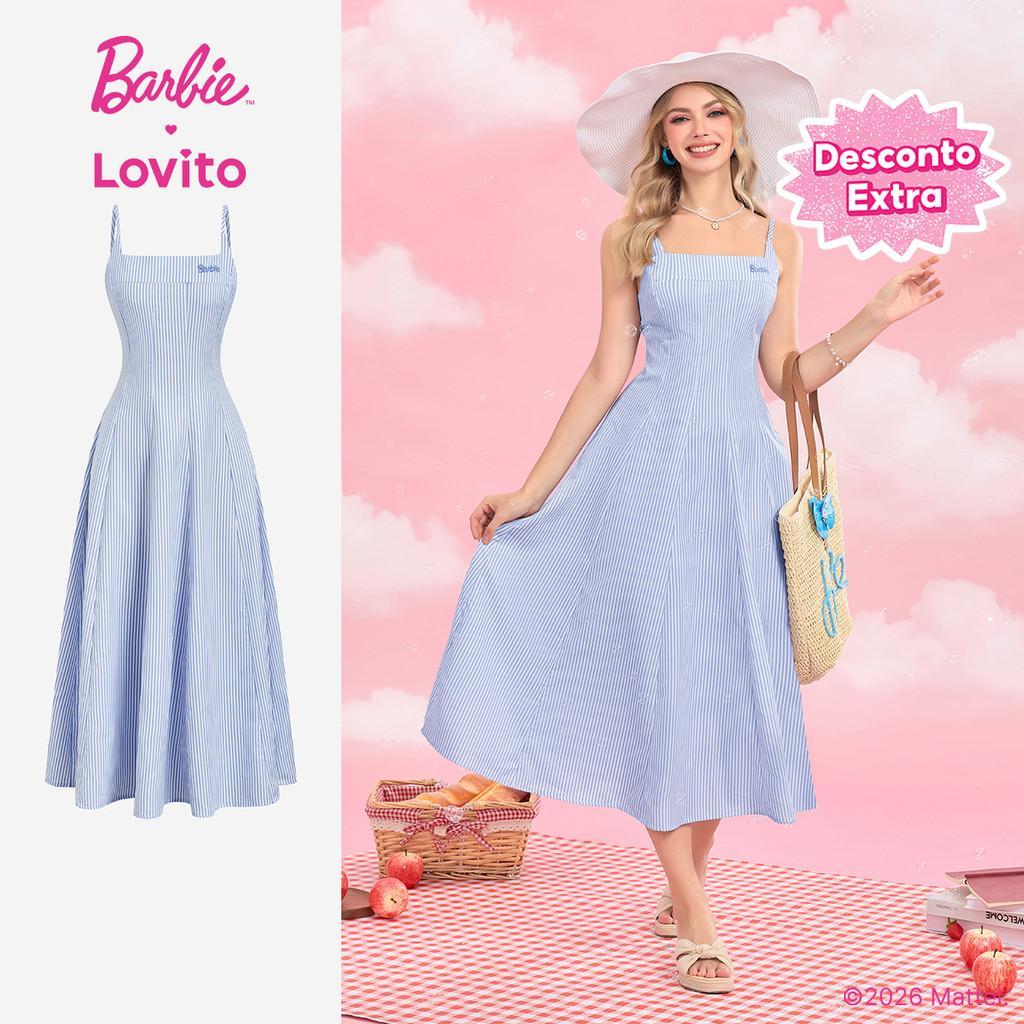 Barbie™ X Lovito Boho Padrão Vestido Babado Primavera/verão Azul Branco Mulher DRBL4PAD016