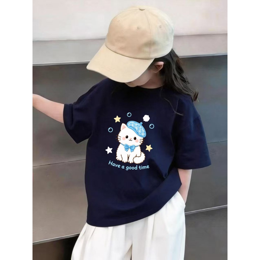 Estilo coreano puro algodão pele-amigável meninas camiseta de manga curta 2026 novo estilo verão médio grande crianças m