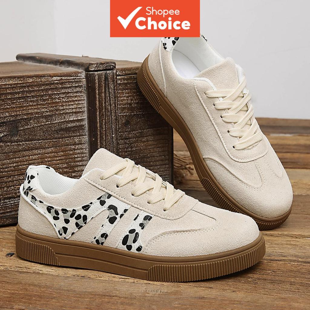 Tênis feminino casual retrô bege de camurça para primavera, cano baixo com estam...