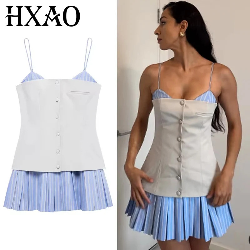 Vestido Feminino HXAO 2025, Vestido Mini Listrado, Vestido de Sem Mangas, Vestido Curto com Detalhes em Patchwork,