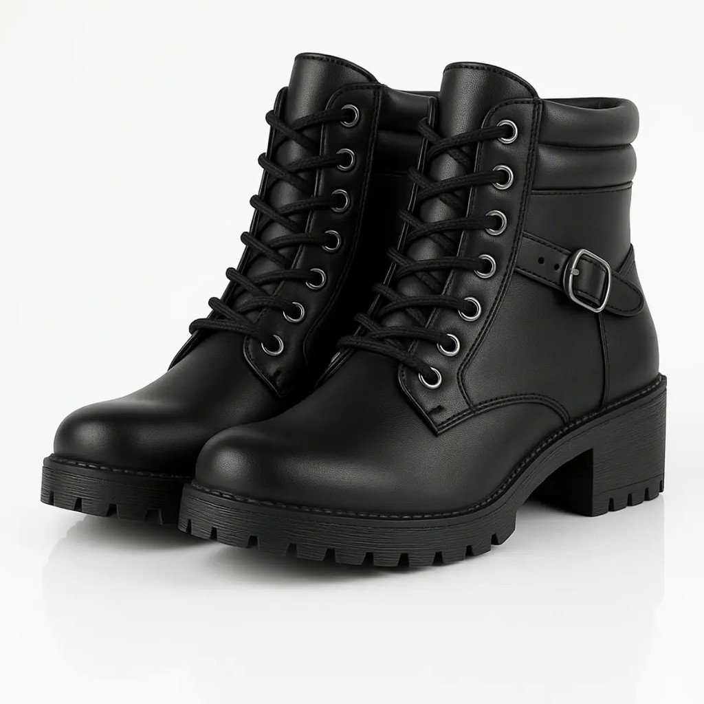 Bota Feminina Coturno Couro Eco Estilo Montaria Salto Preto