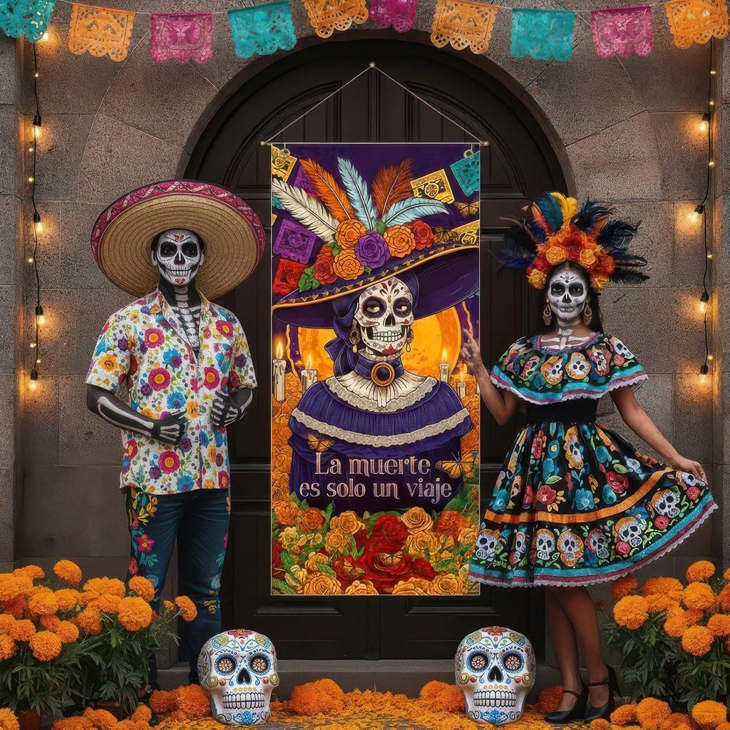 Capa de Porta do Dia dos Mortos, Faixa Decorativa para Festa Mexicana, Fundo para Cabine de Fotos, Decorações e Suprimen