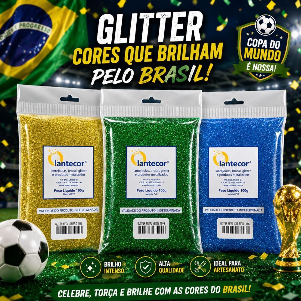 Kit Glitter 100g Seleção Brasileira Copa do Mundo Cores Brasil - Lantecor