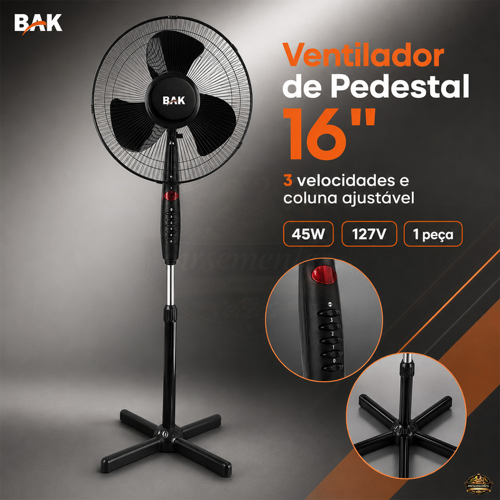 Ventilador De Coluna BAK 16 Polegadas 127V Preto 3 Velocidades Para Sala Quarto Escritorio Casa