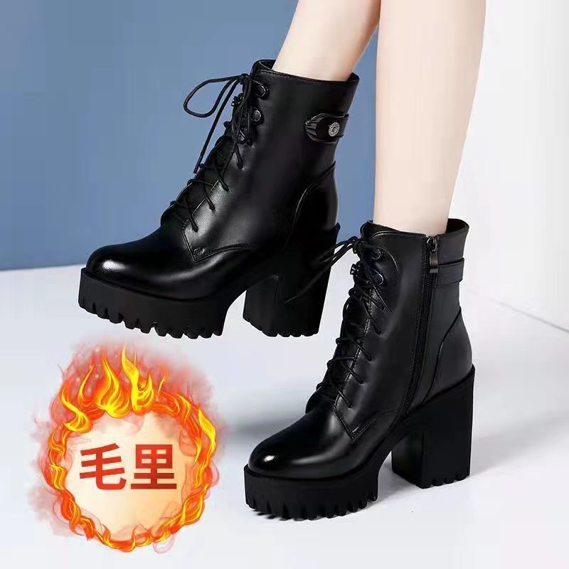Wenzhou botas Martin de salto alto femininas 2023 outono inverno novo estilo escovado rendas botas de cano médio platafo