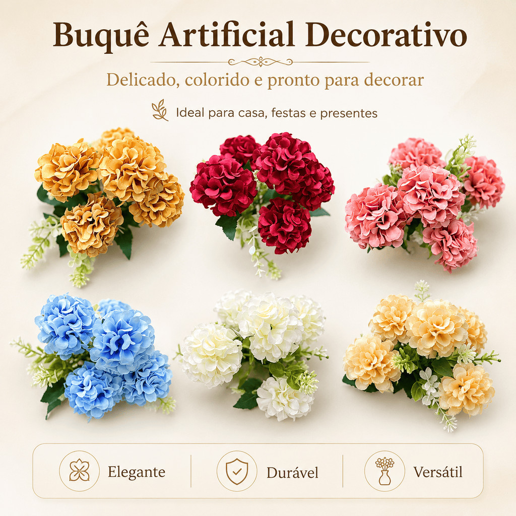 Buquê Artificial de Hortênsias 30cm com 5 Ramos Ideal para Decoração/h0042