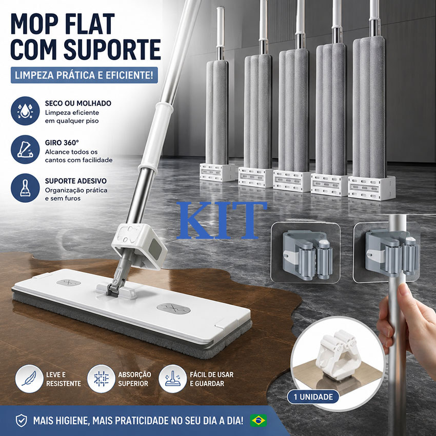 Mop Esfregão Plano com Suporte de Parede|Telescópico 360°,Sem Furação, Lazy Limpeza
