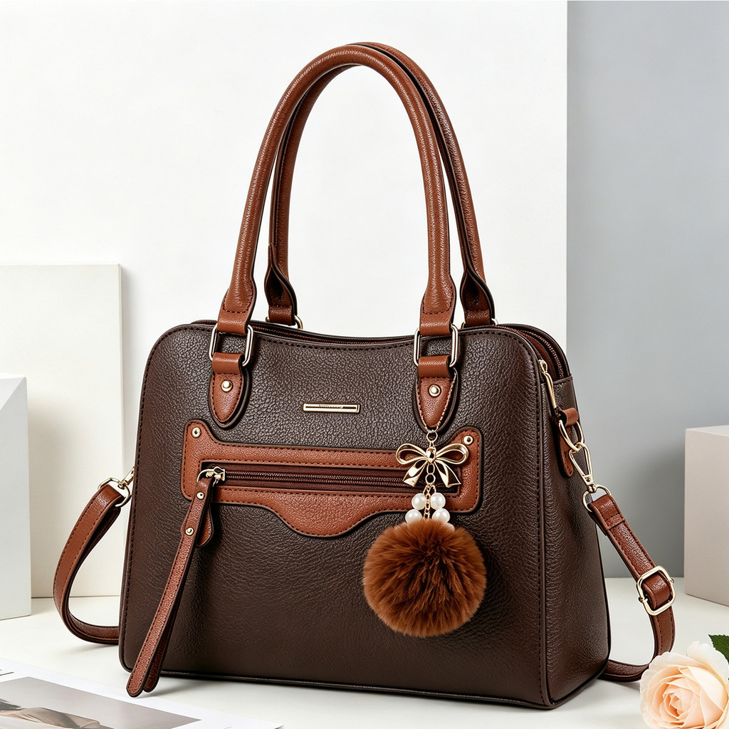 Bolsa Feminina Tiracolo Ombro Grande Texturizado Com Pompom Alça Ajustável Bolsa Transversal Elegante Casual Trabalho
