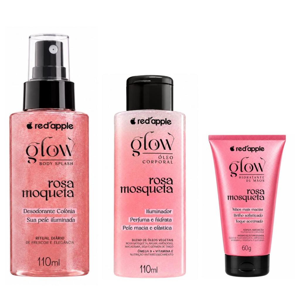 Kit 3 Itens Rosa Mosqueta Glow: Body Splash 110ml + Óleo Corporal 110ml + Creme de Mãos 60g - Red Apple