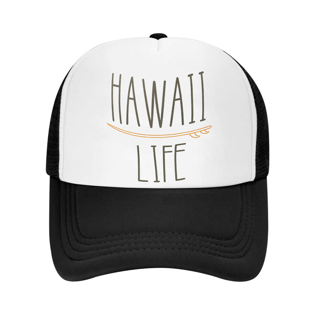 Boné Trucker Bicolor com Estampa de Prancha de Surf Hawaii Life, Frente Branca, Tela Preta, Ajustável, Estilo Snapback,