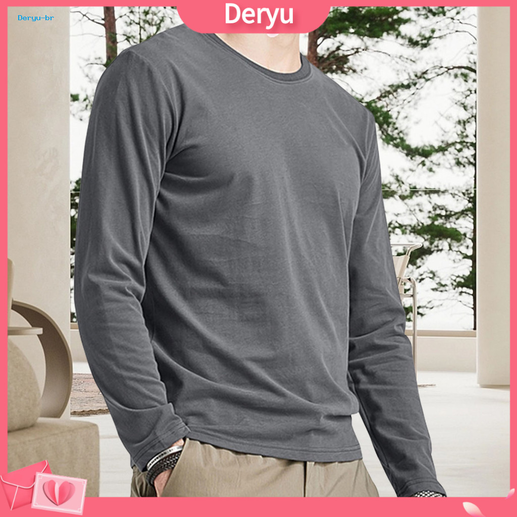 Long-sleeved Top Long-sleeve Men's Spring Fall Slim Fit Long Sleeve Round Neck T-shirt Lightweight Pure Color Pullover f