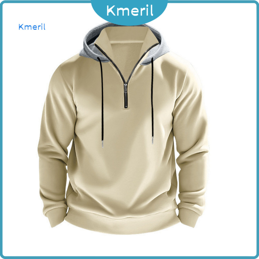 Men Thermal Jacket Solid Color Hoodie Men's Fall Winter Half-zip Loose Fit with Elastic Cuffs Warm Mid-length Pullover f