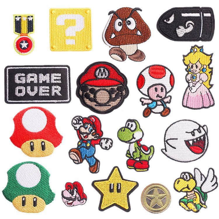 Patch bordado do popular novo personagem de desenho animado Mario, emblema bordado de personagem de jogo, patch bordado 