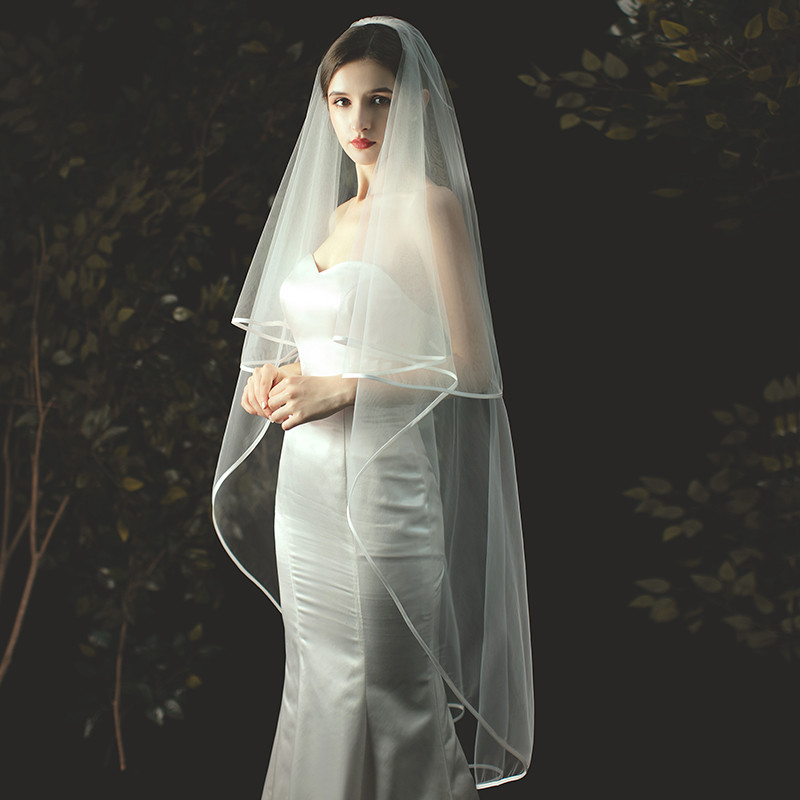 Véu de noiva europeu para casamento, gramado, vestido de casamento de cetim, borda de pão, véu mestre de casamento