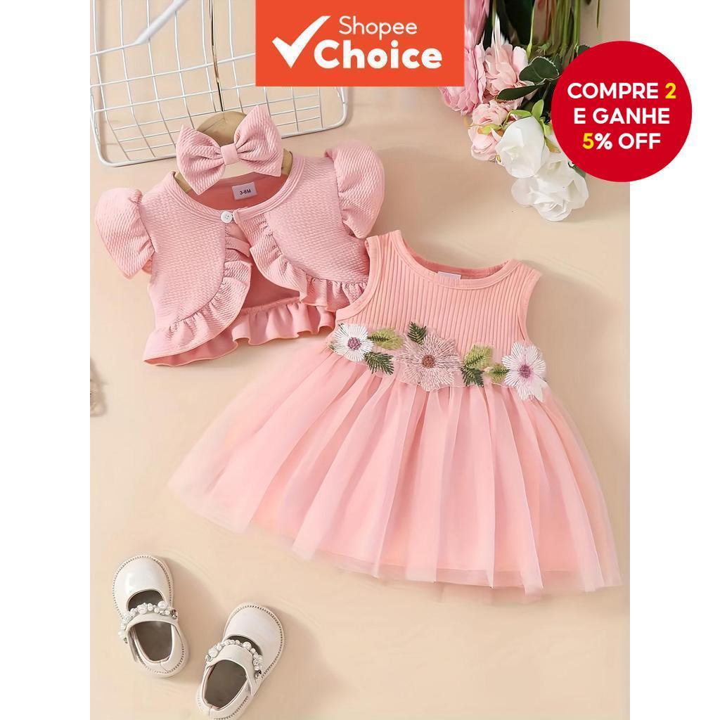 Bebê Menina Rosa Flor Bordado 3 Peças Vestido Conjunto Tule Cardigan Acessório De Cabelo 1o Aniversário Roupa De Princes