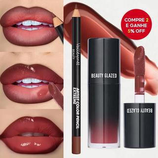 Conjunto De Lábios De Maquiagem Baratos De Veludo 2 Peças : Forro + Esmalte , Fosco À Prova D'água , Vermelho/Marrom , E