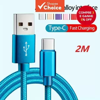 Cabo USB Tipo C 2M Carregamento Rápido para Samsung, Redmi e OnePlus, Transferência de Dados Alta Ve
