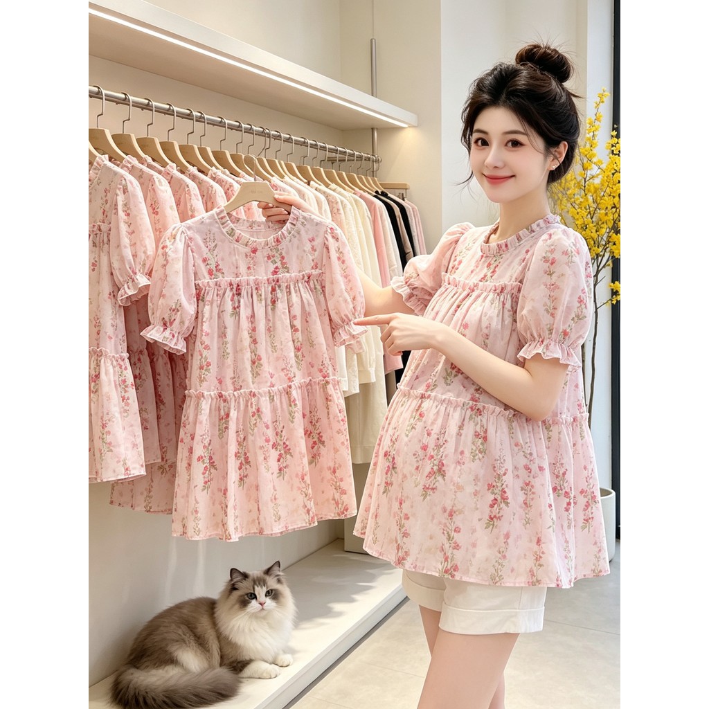 Maternidade topo verão doce Floral manga Puff Chiffon camisa solta idade-reduzindo camisa do bebê Shorts conjunto de dua