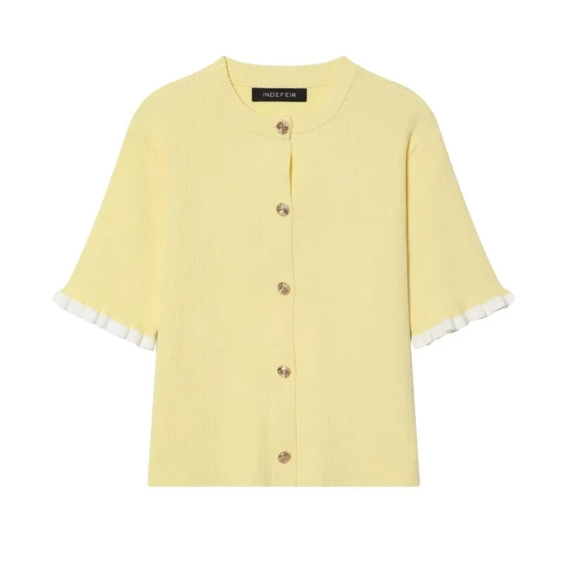 Cardigã Feminino de Tricô com Contraste e Botões, Manga Curta, Suéter Feminino Liso de Tricô, Decote Redondo Elástico, P