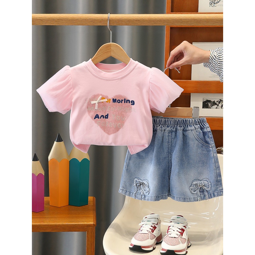 Feminino bebê vestido de verão moda amor manga curta terno de duas peças menina fina em torno do pescoço roupas do