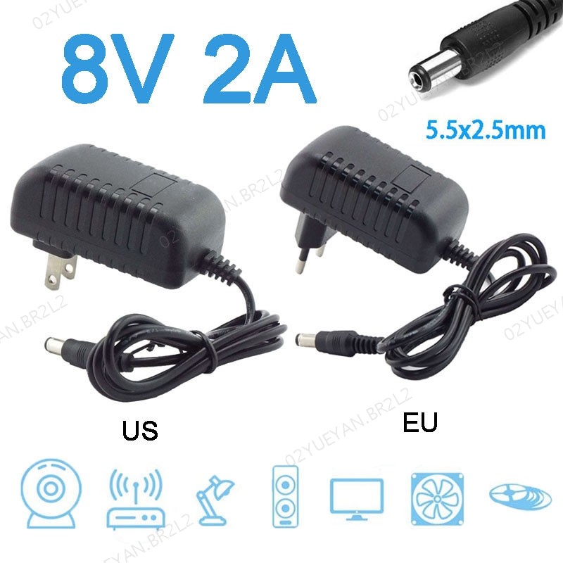 Carregador De Parede 8V 2A 2000ma Fonte De Alimentação AC DC Adaptador Conversor 100-240V Led Transformador 8 Volts Comu