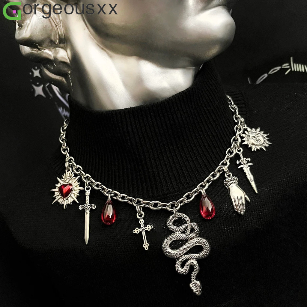 [Gorgeousxx] Colares Com Pingente De Serpentina Cruzada De Espada Gótica Para Mulheres Joias Da Moda Y2K