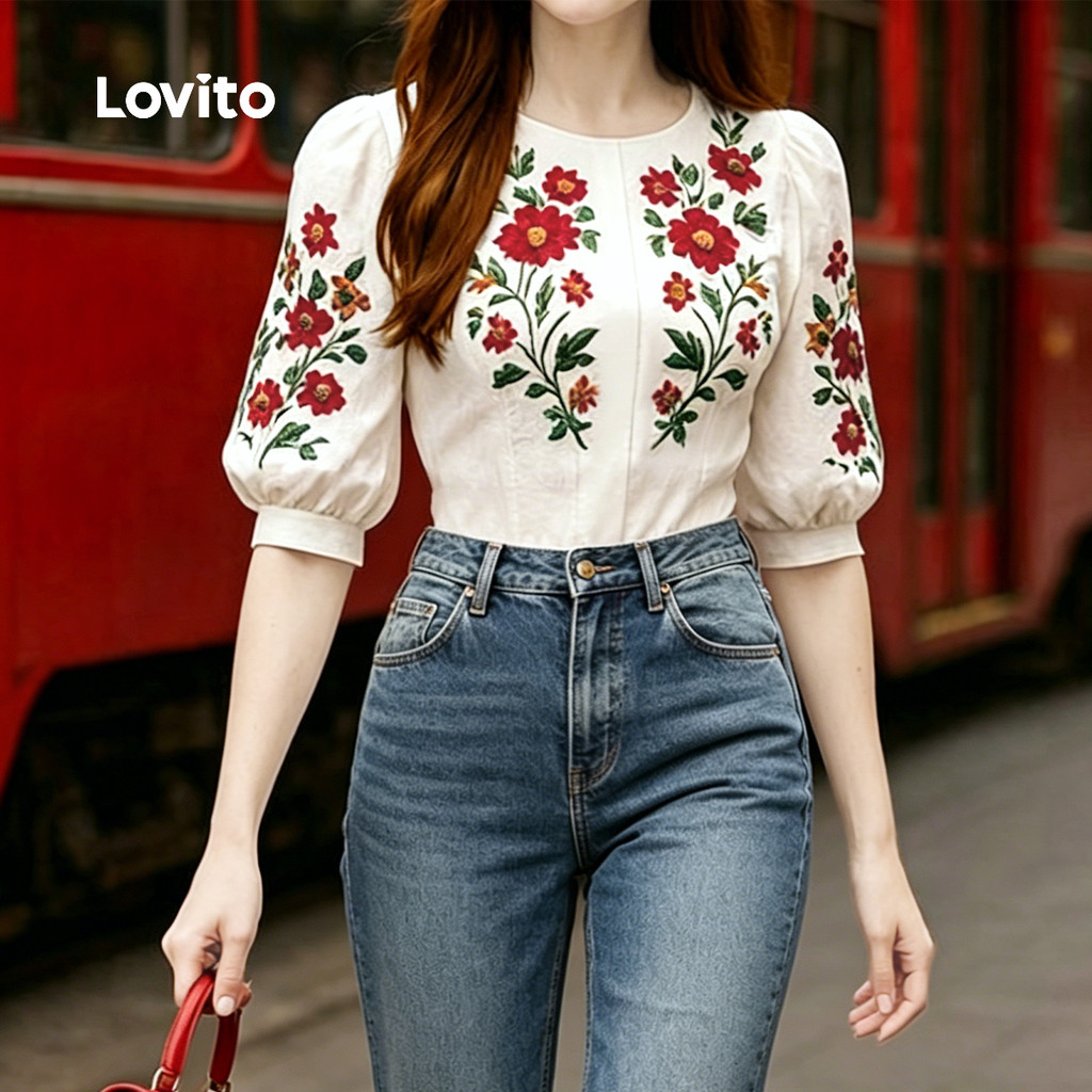 Lovito Elegante Blusa Estruturada com Flores Primavera/verão Blusa Branca para Mulheres L195AD237 · foto 2