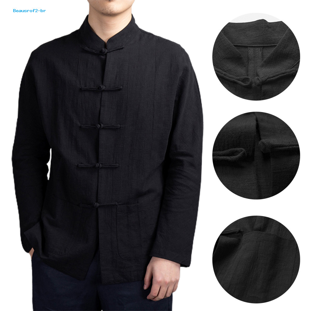 Men Long Sleeve Shirt Men's Autumn Chinese Style Mandarin Collar Tai Chi Kung Fu Top with Pockets and Traditional Disc f