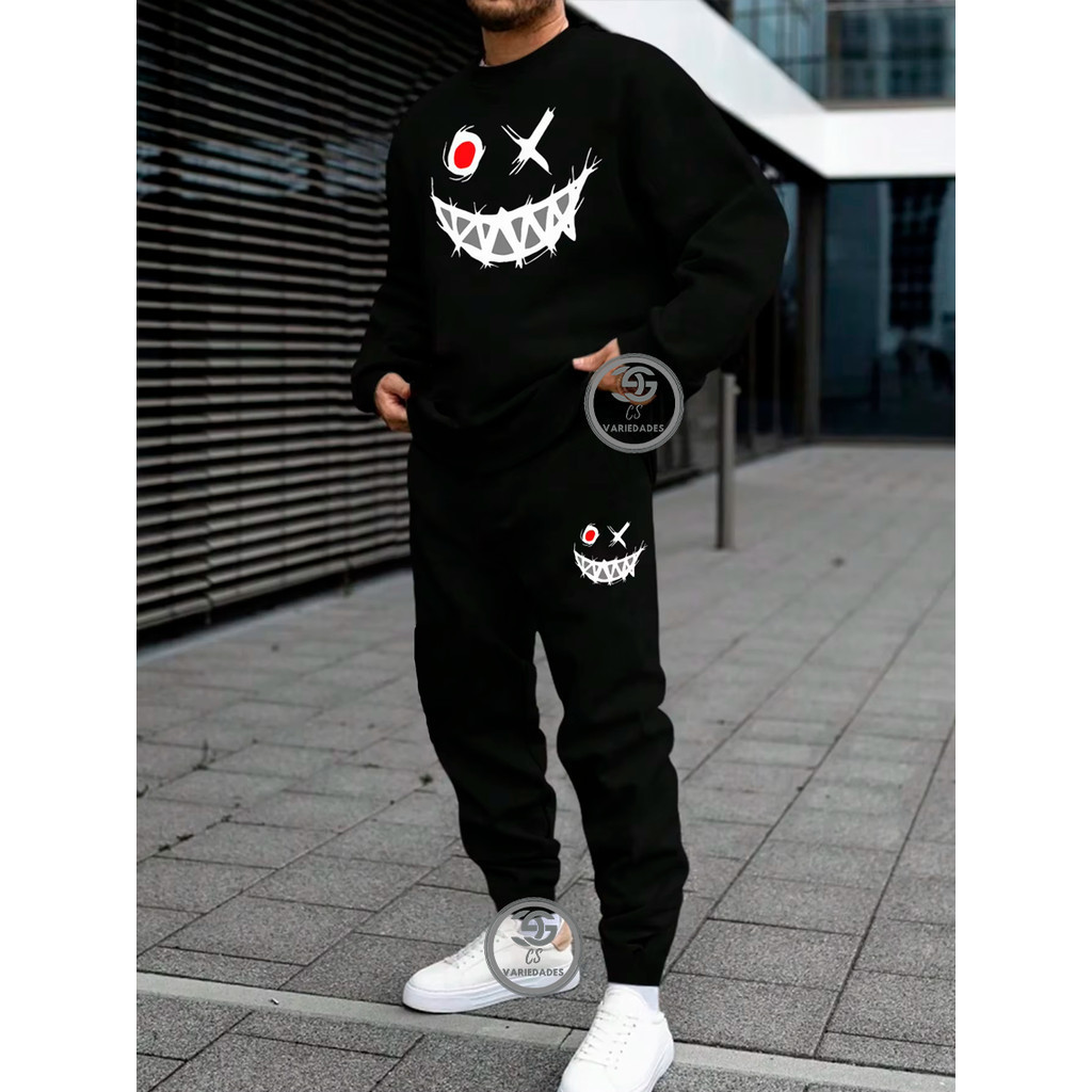 Conjunto de moletom Smiley desenhos Gola redonda moda casual solto moletom masculino e Feminino Blusa + Calça moletom