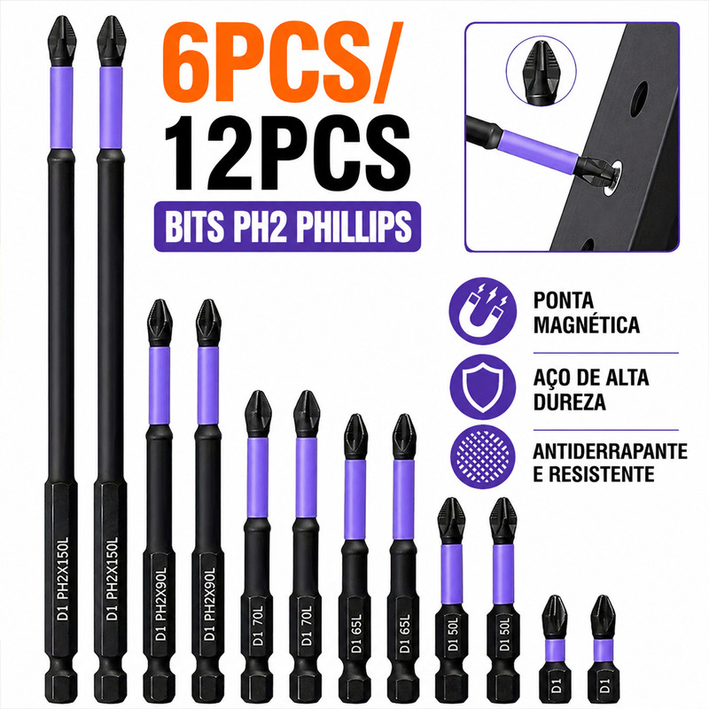 Jogo Bits PH2 Phillips Magnético 25-150mm Impacto Antiderrapante Aço Dureza com Base Parafusadeira