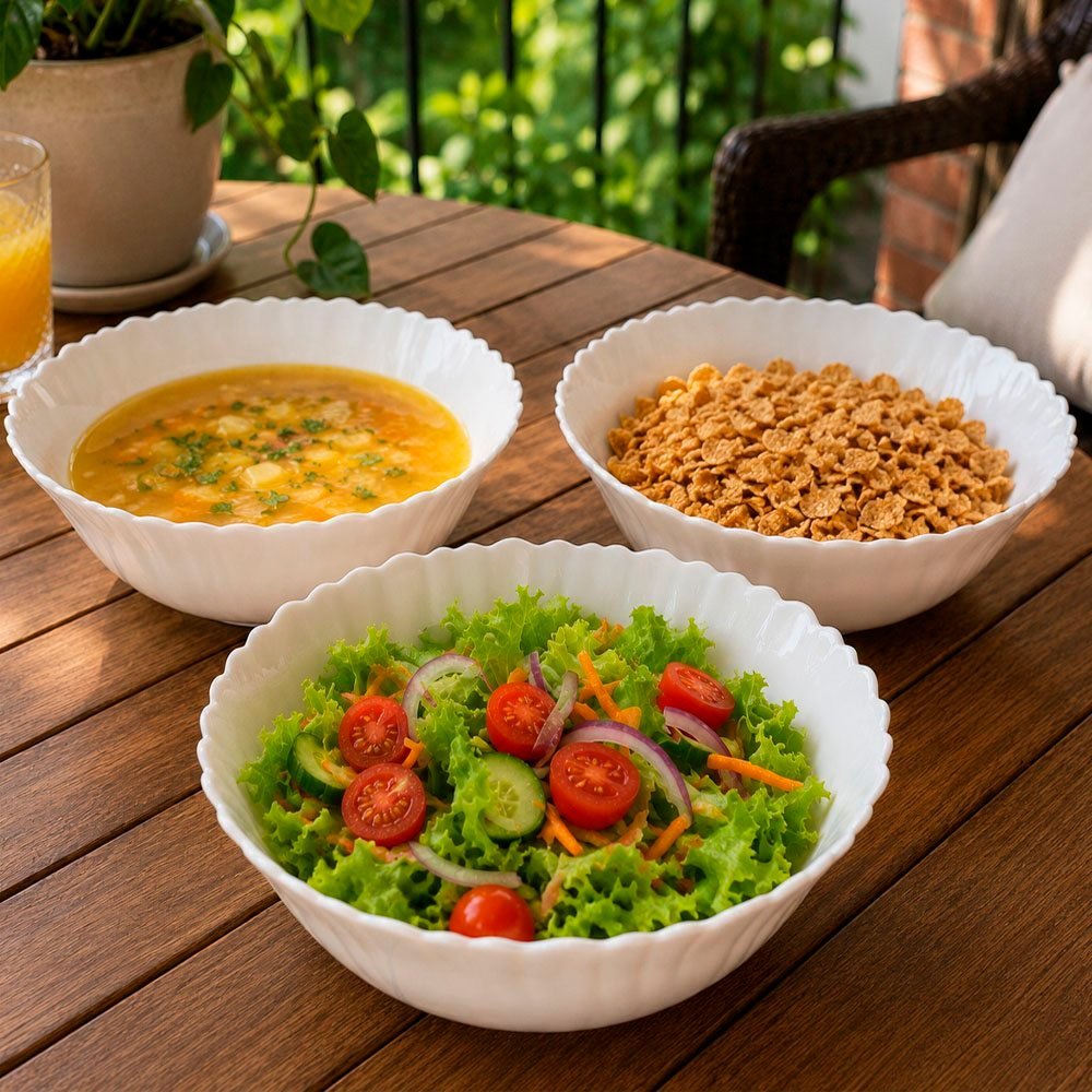 Bowl Tigela Saladeira Em Vidro Opalina Branco 1,0L Kit 4pçs