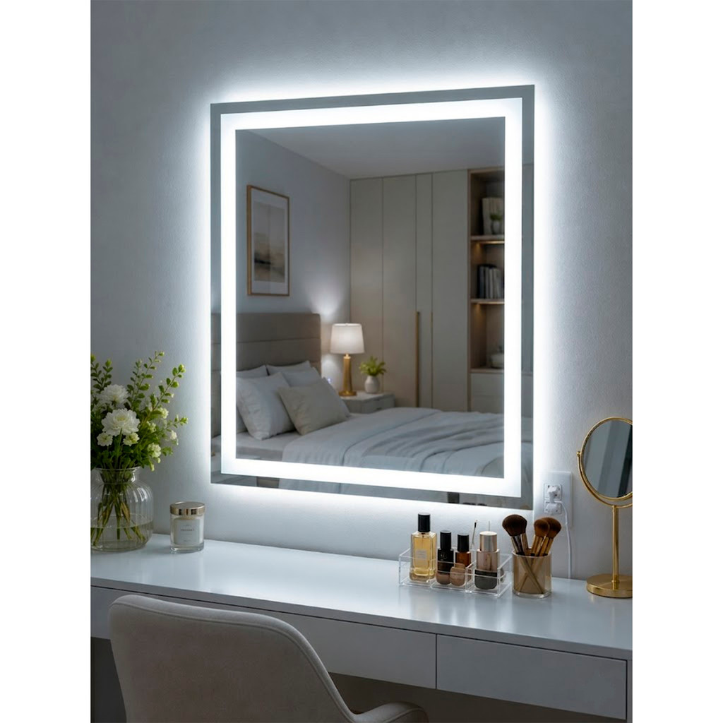 Espelho Retangular Jateado 3 Tons De Luz 80x100cm LED Jateado Botão Touch Luxo Maquiagem para Banheiro Sala Penteadeira