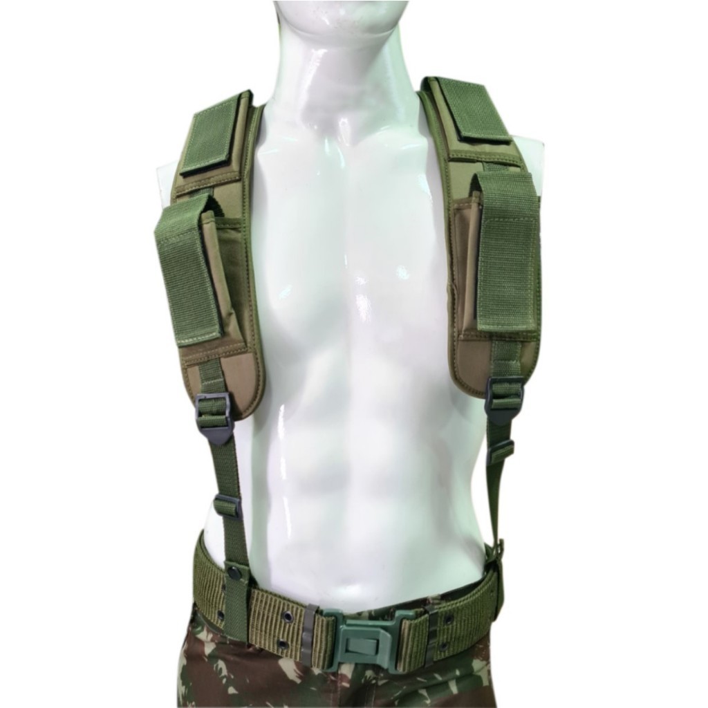 Suspensório Campo H + Cinto Na Campanha Bolsos Botão Militar
