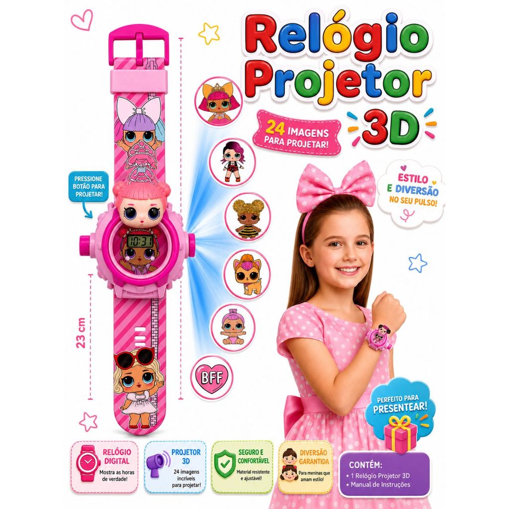 Relógio Infantil c/ Projetor Princesas Barbie LOL
