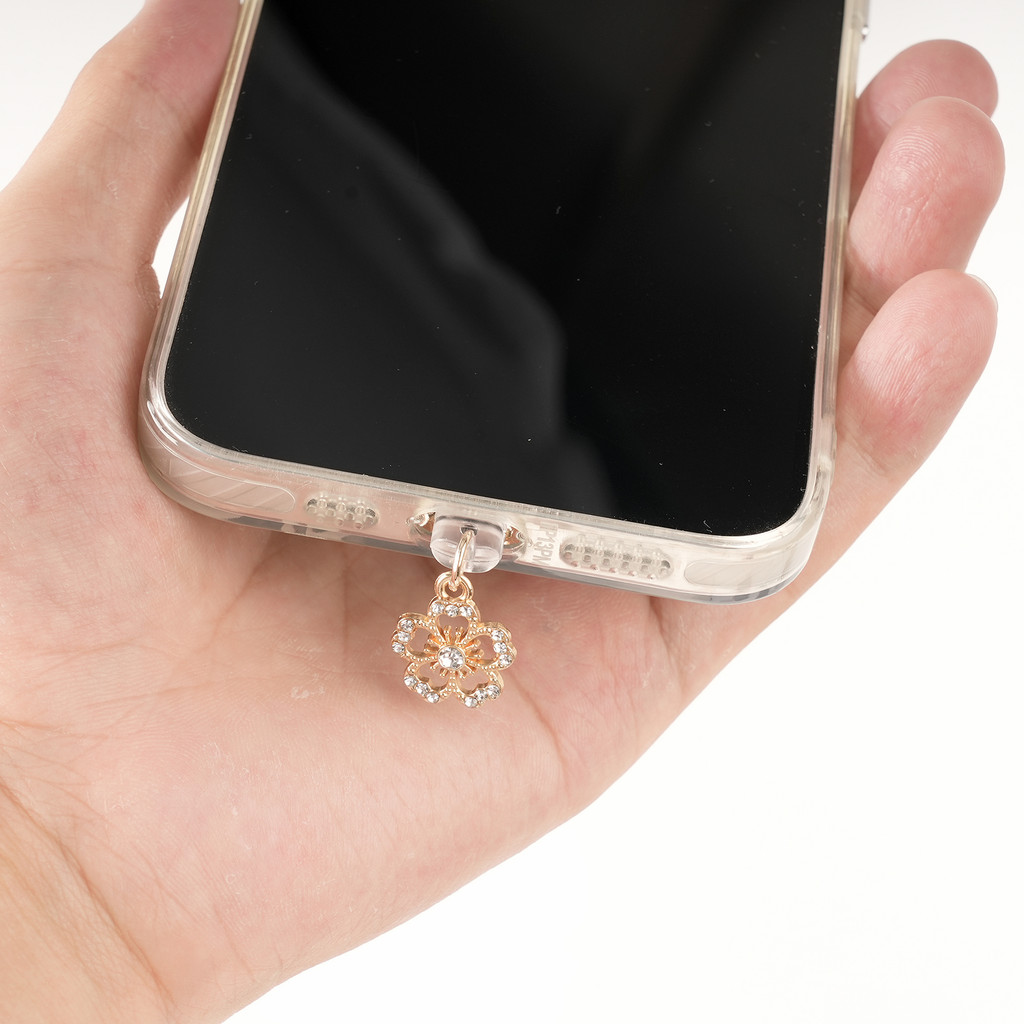 1pc Ouro Strass Flor Telefone Poeira Plug Pingente Para Relâmpago/Tipo-C