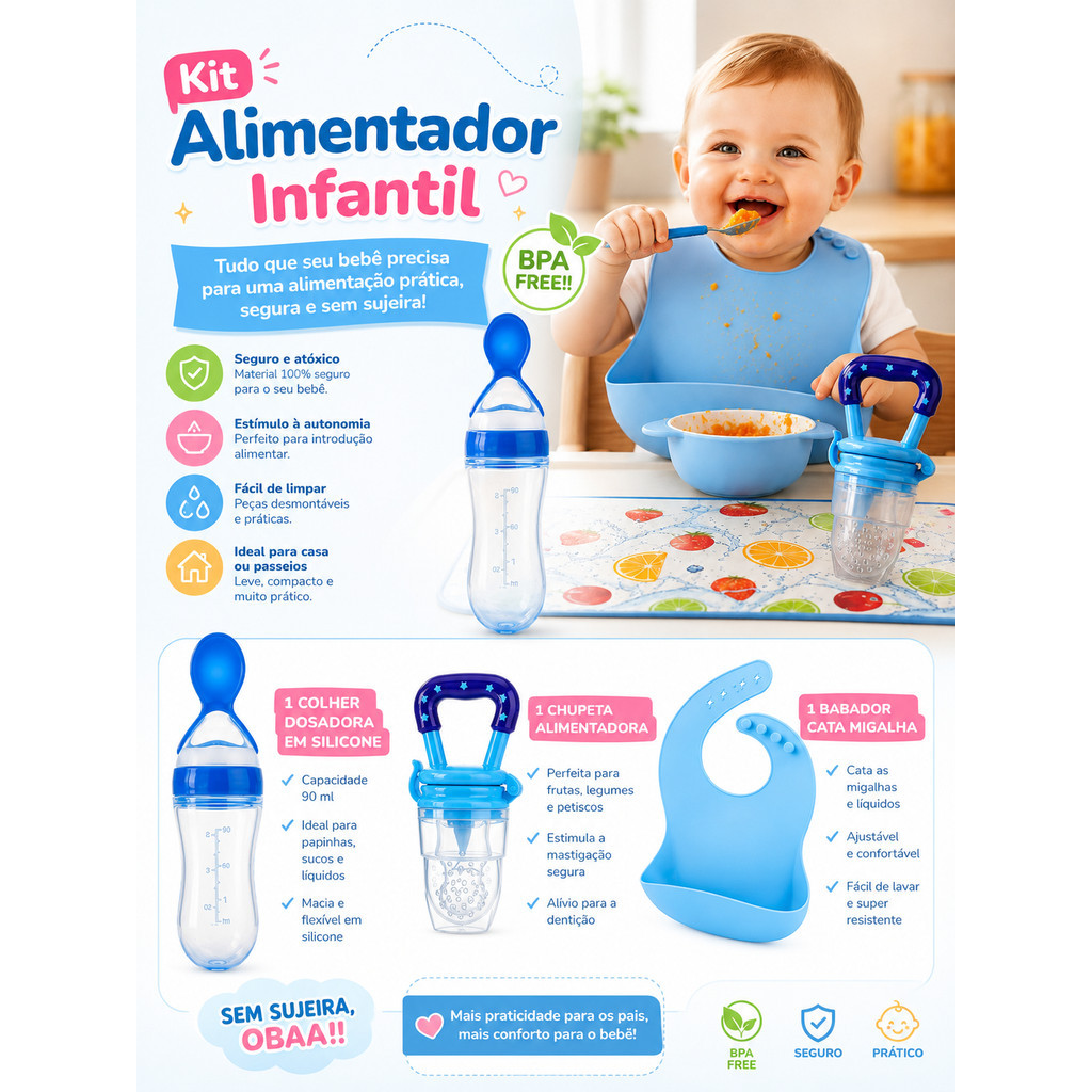 Kit Infantil Chupeta Mordedor Porta Frutas + Mamadeira com Colher Dosadora+ Babador Cata migalha