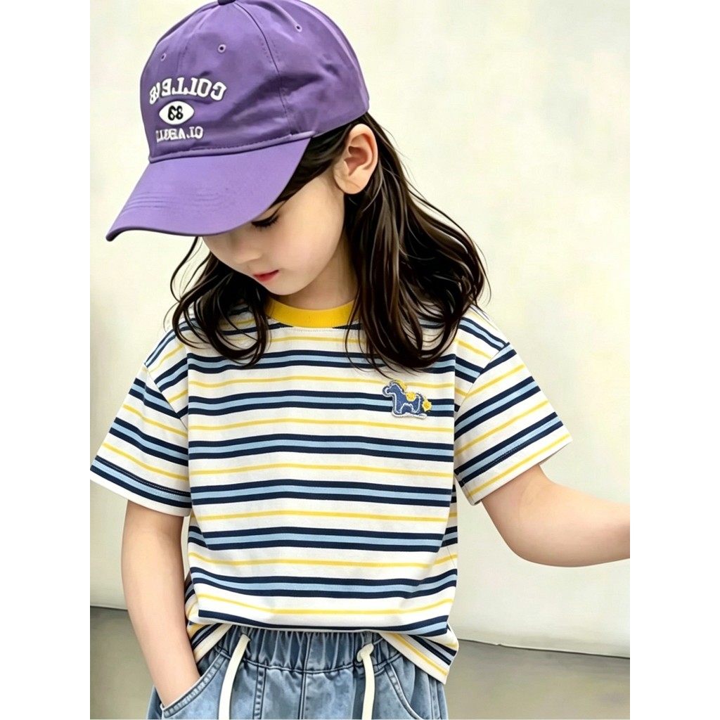 Camiseta infantil de algodão puro de manga curta estilo verão médio-grande listrado infantil elegante pônei cor-inserção