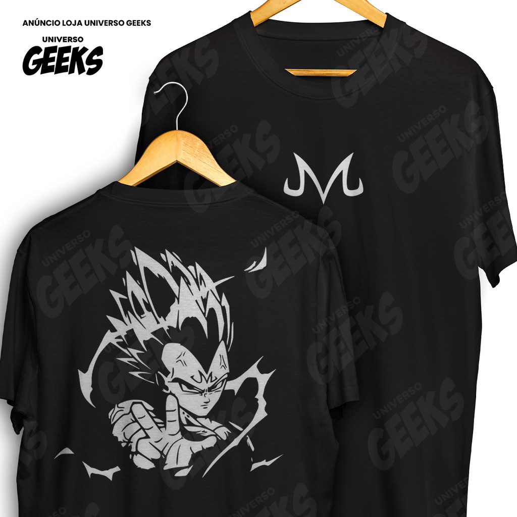 Camiseta Frente E Verso Dragon Ball Majin Vegeta Silhueta Prata Principe Saiyajin Camisa De Anime 100% Algodão