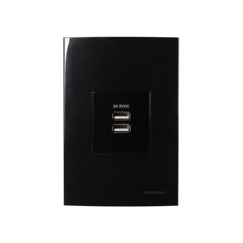 Tomada Duplo Carregador Usb-a Margirius Sleek 2a 10w Com Placa 4x2 Preto Ebony