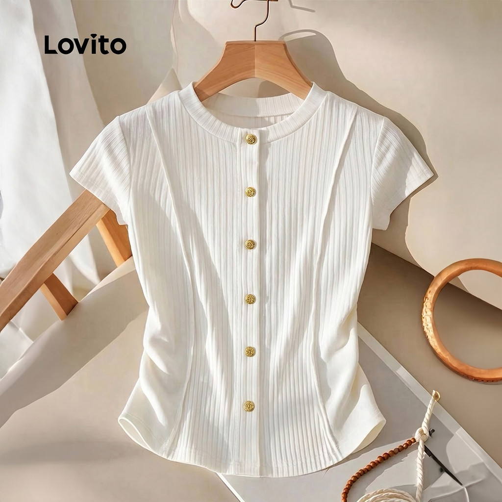 Lovito Camiseta Casual Botão com Prega Primavera/verão Branca para Mulheres LK5LD247