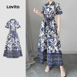 Lovito Floral Férias Vestido Azul Com Botões Frontais E Cinto Primavera/verão Para Mulheres L154LD175