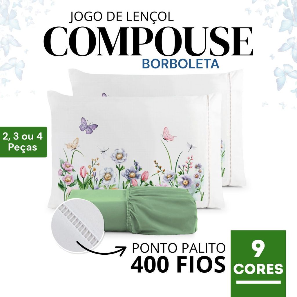 Jogo de Lençol Micropercal 400 Fios – Fronha Estampada Borboletas com Ponto Palito – 3 e 4 Peças