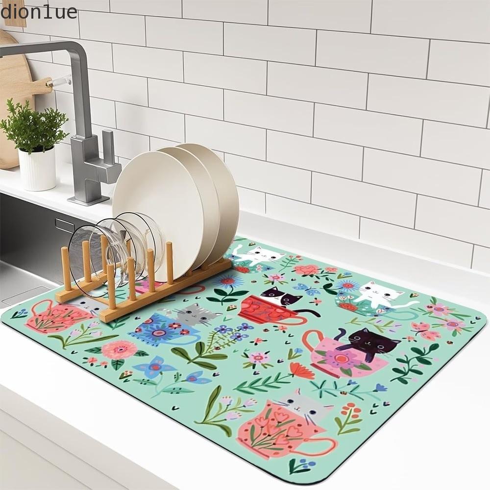 Café DION1UE | Tapete , De Cozinha Doce Floral De Gato Secagem De Prato Antiderrapante Absorvente Retangular , Bar De