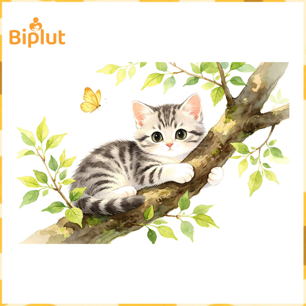 Window Sticker Watercolor Art Cartoon Cat Cling Cute with Butterflies and Plants Decorative Decal for Kids Room Bathroom